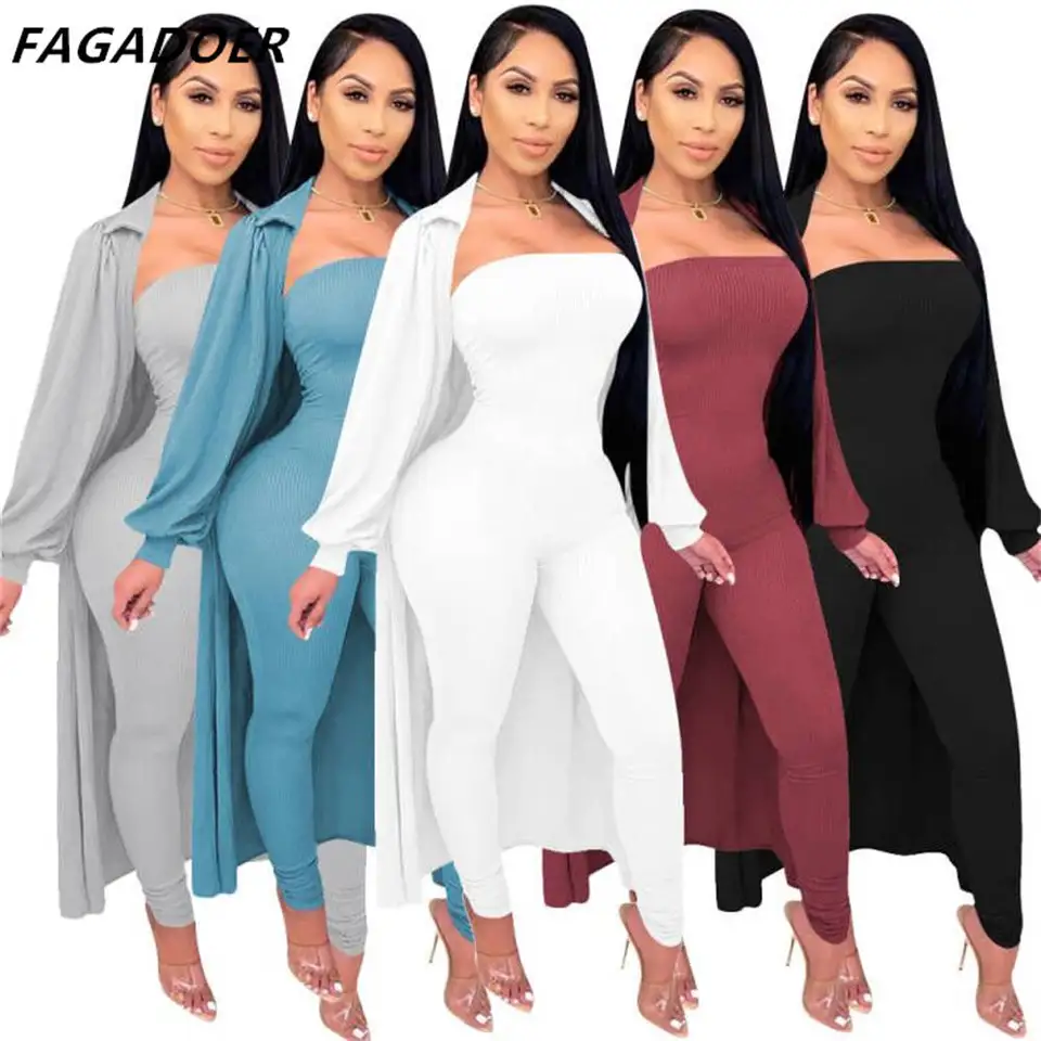 FAGADOER Sxey Ribbed Jumpsuits Two Piece Women Full Sleeve Long Cardigan  Coat And Stretchy Strapless Romper Solid Casual Clothes - AliExpress