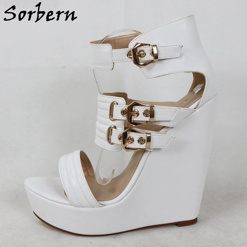 Sorbern White Women Sandals Wedges Styles High Heel Thick Platform Made-To-Order Size 45 Summer Shoes With Buckles Closed Back