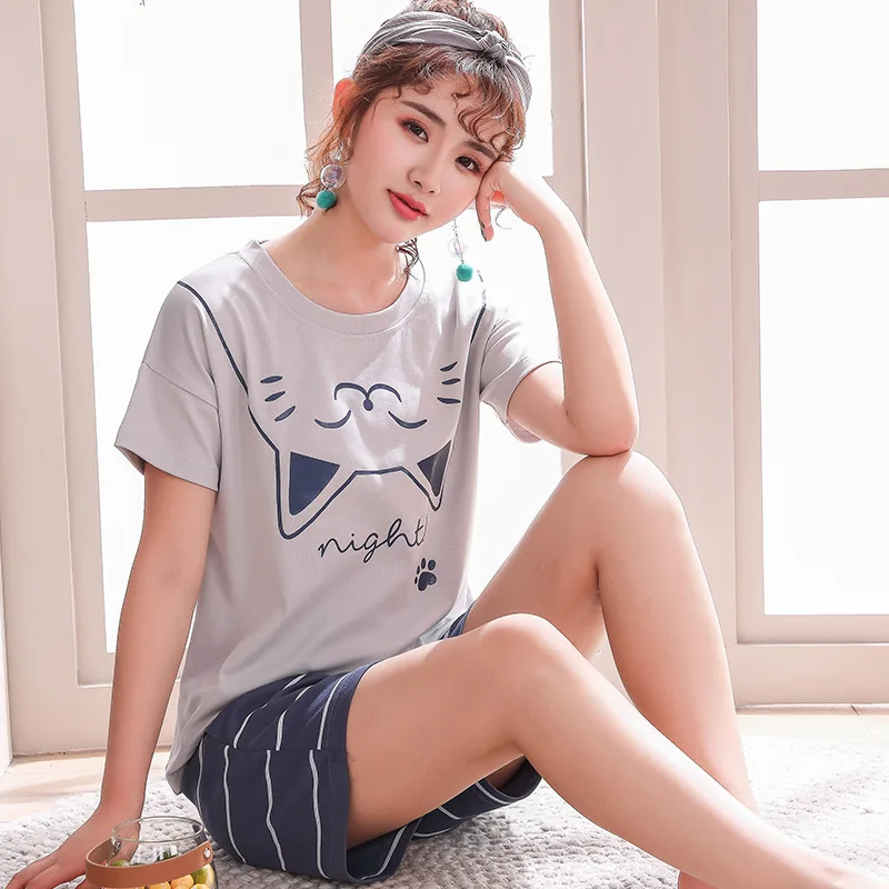 

Pyjamas Women Cotton Yellow Pajamas for Woman Summer Sleepwear Short Sleeved Sweet Tops+shorts Pijama Womens Cartoon Pjs Set