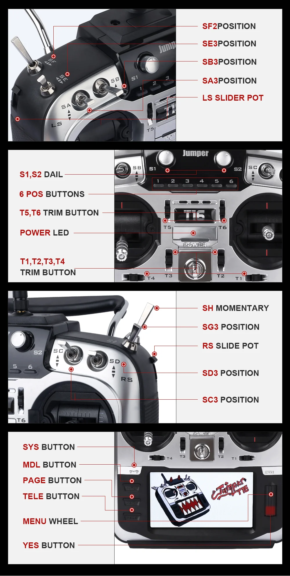 Jumper T16 Pro Hall Gimbal Open Source Multi-protocol Radio Transmitter JP4-in-1 RF Module 2.4G 16CH 4.3" LCD