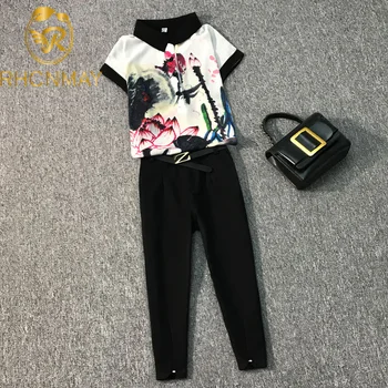 2021 Summer High quality 2 Piece Set Women's Short Sleeve Vintage Printed Chiffon Shirt Top + Calf Length Pants Suit 1