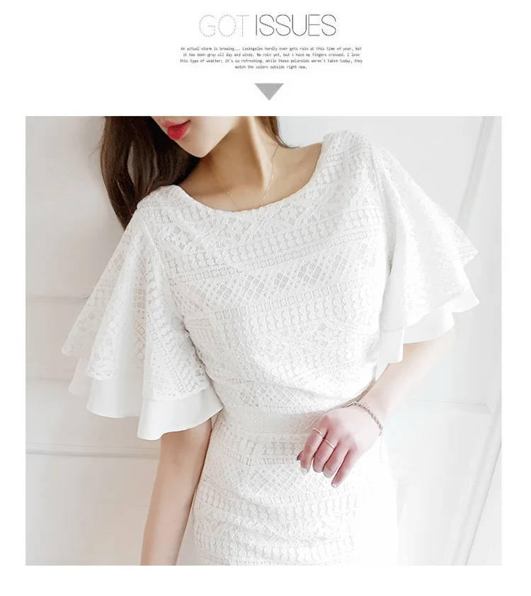 Лето стиль корейский стиль элегантный тонкий крой воланами рукава средней длины Мода Оболочка Кружева платье для белой офисной леди