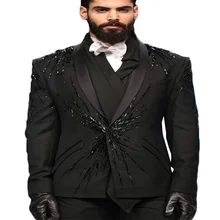 Two Pieces Black Men Suits Luxury Beads Custom Made Men Suits One Button Tuxedos Peaked Lapel Blazer Business Coat+Pant