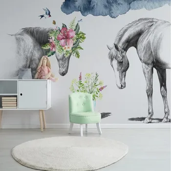 

milofi custom large wallpaper mural 3D creative flower black and white couple horse background wallpaper mural