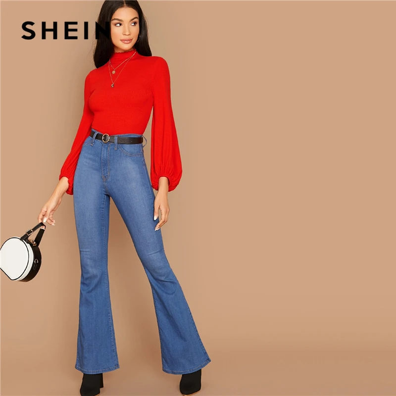 SHEIN модная женская футболка с воротником-стойкой и рукавом-фонариком с рюшами в рубчик без ожерелья, осенняя однотонная элегантная женская футболка для офиса