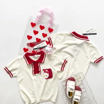 

Spring & summer 2020 new curved bead fabric Lapel short sleeve cartoon hello kitty T-shirt girl cartoon short sleeve tops