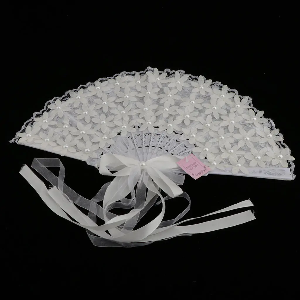 Lace Folding Fan White Flowers with Ribbons Handheld Fan For Women Bridal wedding handheld fan