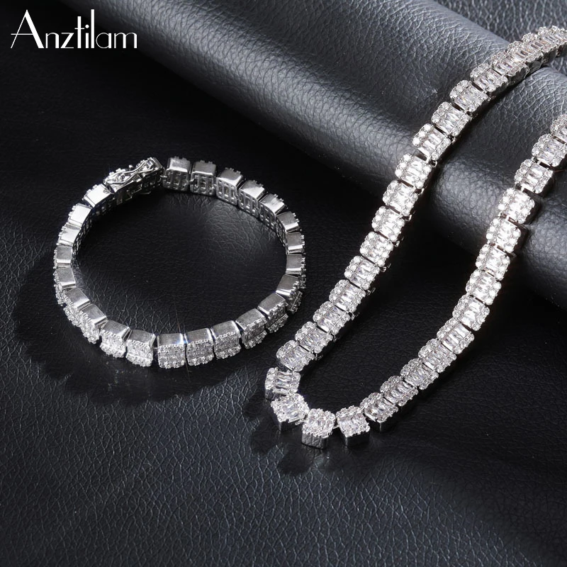 

AZ 10mm Single Row Square Cubic Zircon Hip Hop Necklace Gold Silver Color Bling Long Link Tennis Choker Necklaces For Women Men