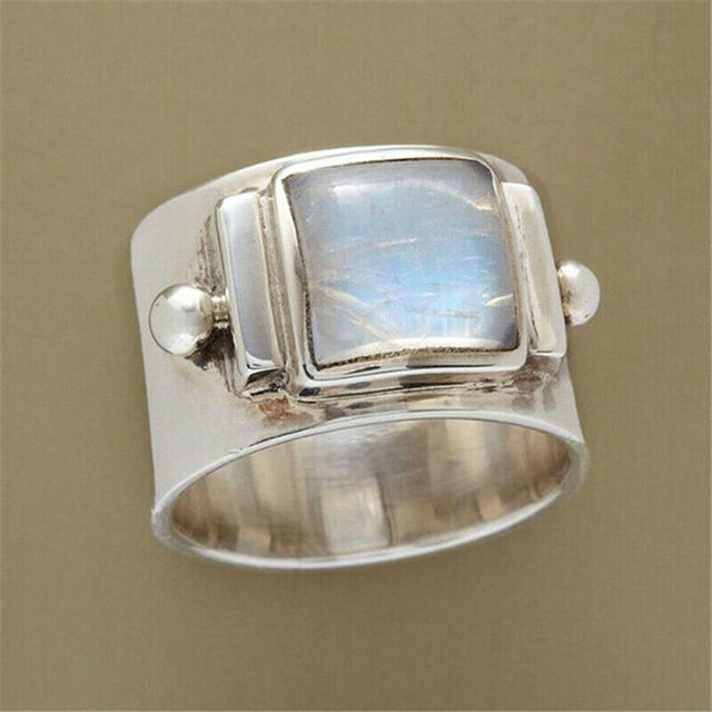 Vintage Big Width Moonstone Rings for Women Retro Two-color Handmade Carved Leaf Pattern Ring Statement Female Jewelry