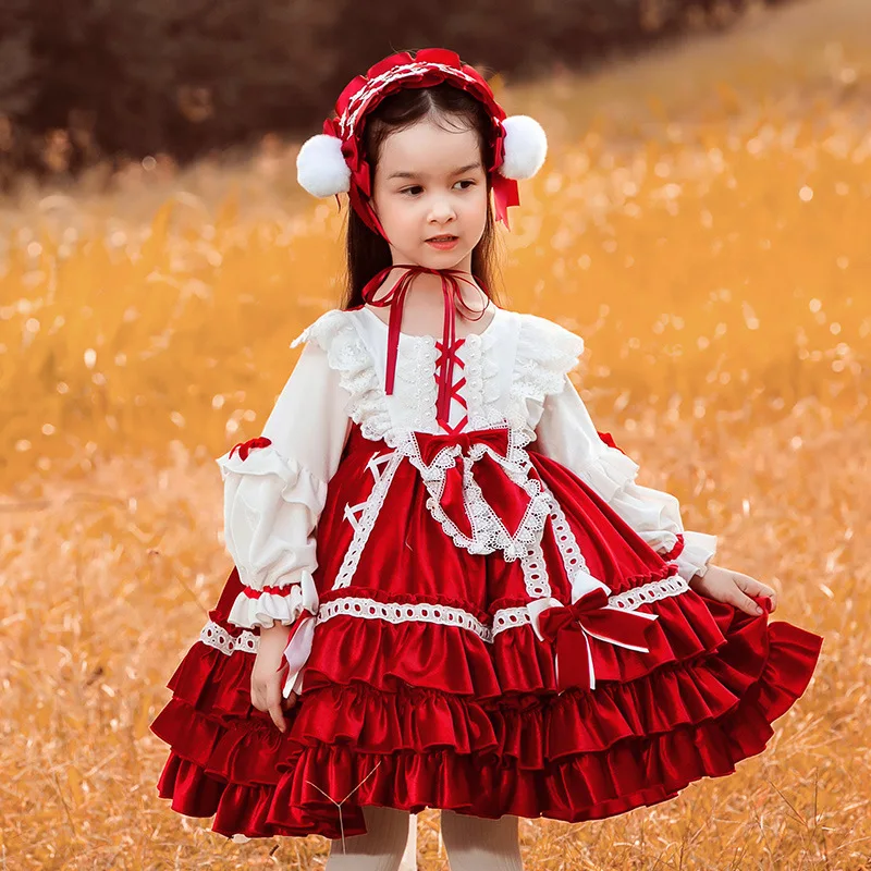 New Girls Lolita Princess Dress Autumn Velvet Red Ruffle Dress Christmas Halloween Kid Dresses Clothes Sweet Cute Birthday