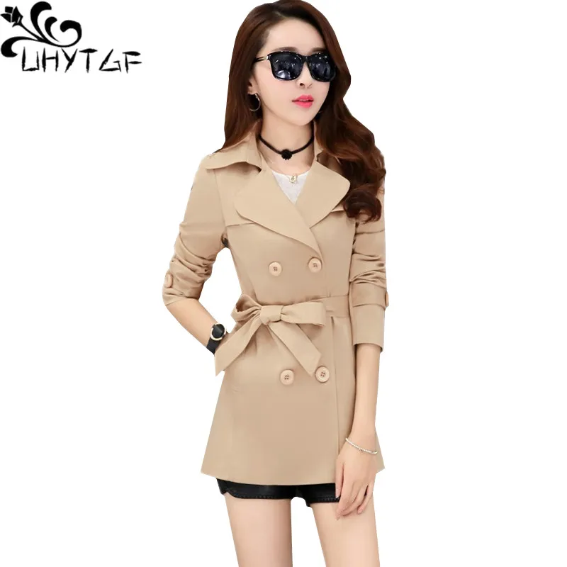

UHYTGF female trench coat fashion belt double breasted autumn windbreaker women solid color wild casual short coat plus size 898