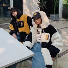 Зима, стиль, Гонконгский стиль, большой размер, шерсть ягненка, смешанные цвета, свободный крой, для пар, с капюшоном, матовое и плотное пальто M