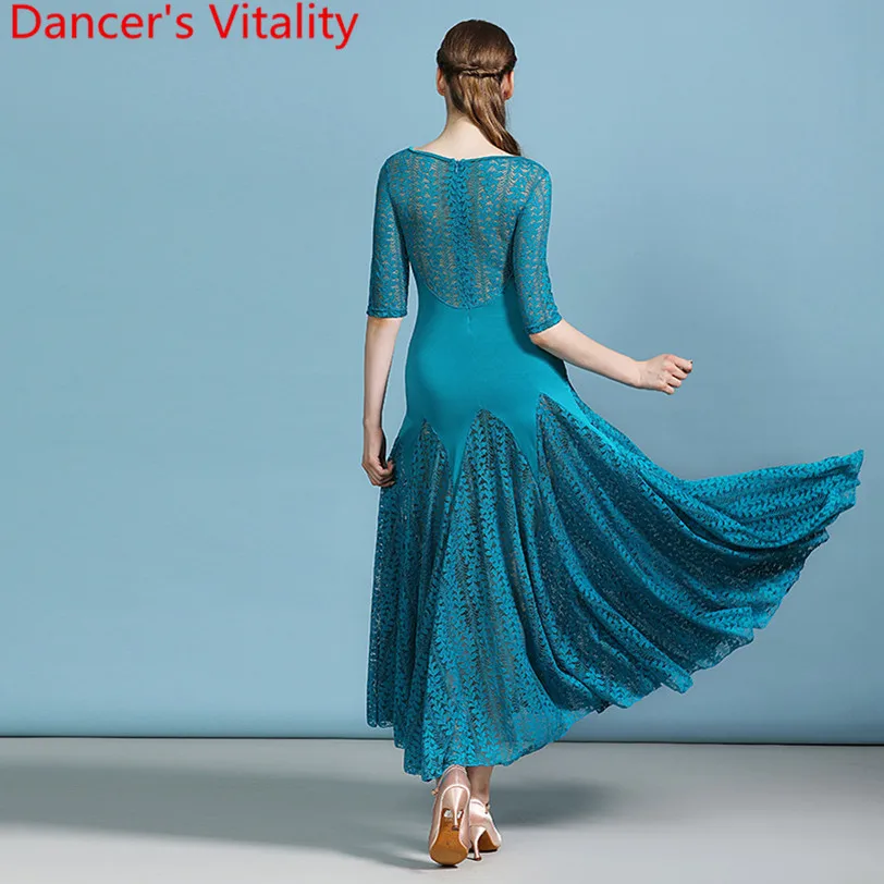 Adult Modern Dance Clothes National Standard Dance Wear Lace Splicing Big Hemlines Dress Ballroom Waltz Jazz Dancing Costume