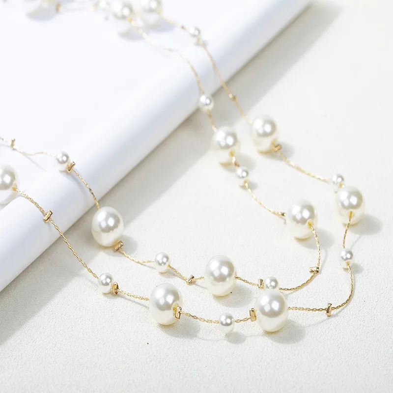 New Style Japanese Korean Autumn And Winter Double Layer Pearl Long Necklace Women's Sweater Chain Simple Versatile Trend M