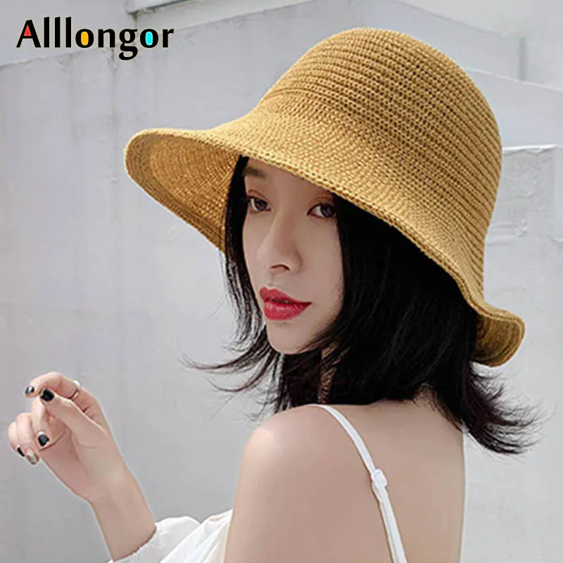 

Summer Sun Cap Foldable Wide brim Straw beach hat 2019 Korean Knitted Bucket Hat Women bob chapeau fisherman hat buckethat black