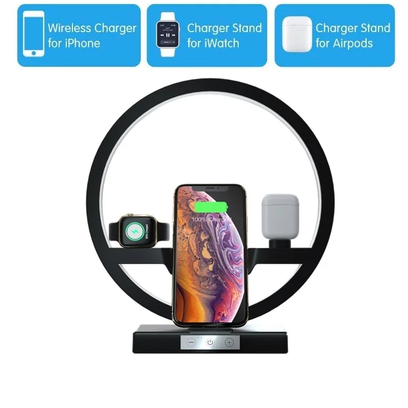 Black Tongdaytech 4 в 1 10 Вт Qi Быстрое беспроводное зарядное устройство для Iphone 11 Pro X XS XR 8 Plus светодиодная зарядная станция для Apple Airpods Watch Se - Тип штекера: Black
