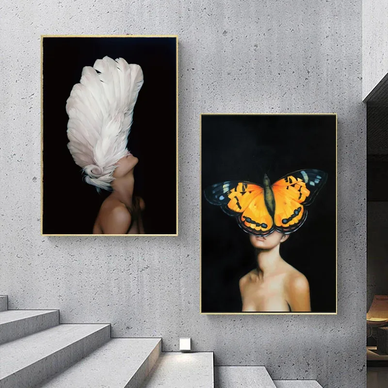 여성용 꽃 깃털 추상 캔버스 그림, 벽 아트 인쇄 포스터 그림, 장식 그림, 거실 홈 장식