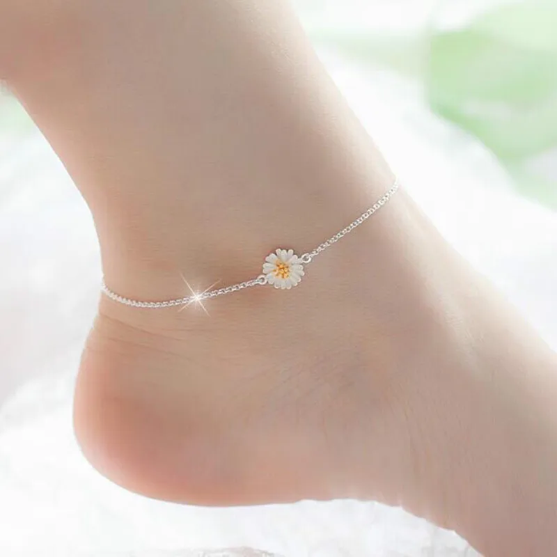 

Whole 100% Real 925 Sterling Silver Exquisite Anklets with Daisy Pendant Chrysanthemum Cross Chain Summer Ankle Modification