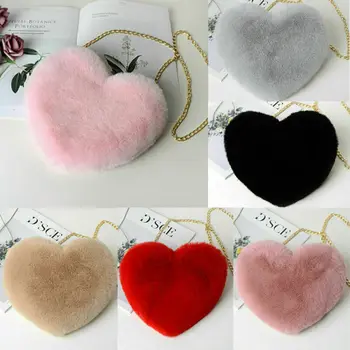 

2020 Women Fashion Heart Shaped Bag Female Chain Messenger Bag Plush Love Shoulder Crossbody Bag Valentine's Day Gift