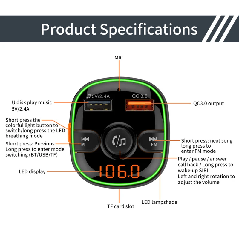 12V 24V BC52 Handsfree Car Kit Bluetooth 5 0 FM передатчик модулятор USB Музыка Аудио MP3 плеер