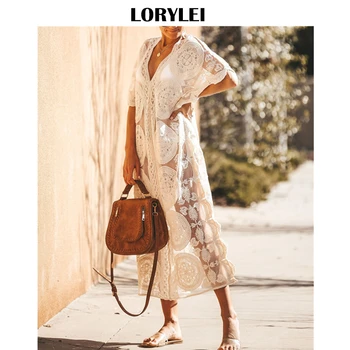 

2020 Kaftan Beach Pareo Beachwear Swim suit Cover up Playa Pareo Tunics for Beach Tunic Swimwear Women Lace Beach DressN880