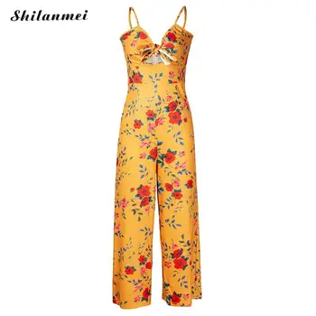 

Bow Lace Up Summer Jumpsuits Women Sexy Spaghetti Strap Wide Leg Rompers Feale Vintage Floral Print Long Yellow Casual Playsuits