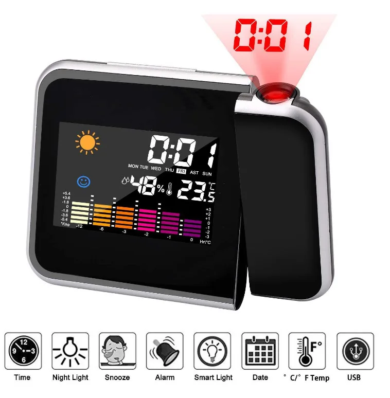 

Digital Projection Alarm Clock Projector IN/Outdoor Hygrometer Alarm Clock WIth Temperature & Humidity Projection Display