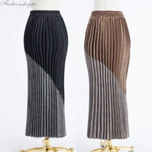 Новая зимняя контрастная длинная юбка, женская трикотажная юбка с высокой талией, корейский стиль, женская Повседневная теплая плиссированная юбка