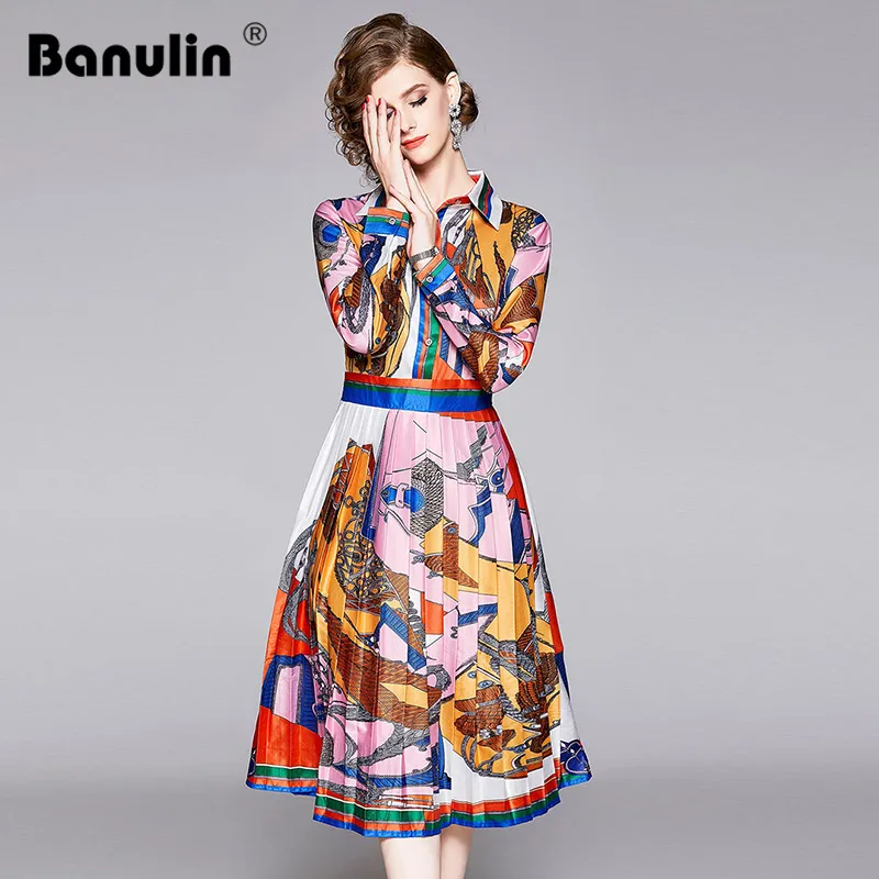

Fashion Runway Autumn Dress Women's Long Sleeve Turn Down Collar Contrast Color Vintage Printed Pleated Slim Knee-Length Dress