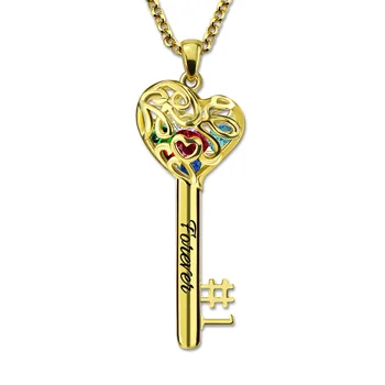 

AILIN Personalized No.1 MOM Heart Cage Key Pendant Necklace Birthstones Engraved Necklace Best Gift for Mother Gold Color
