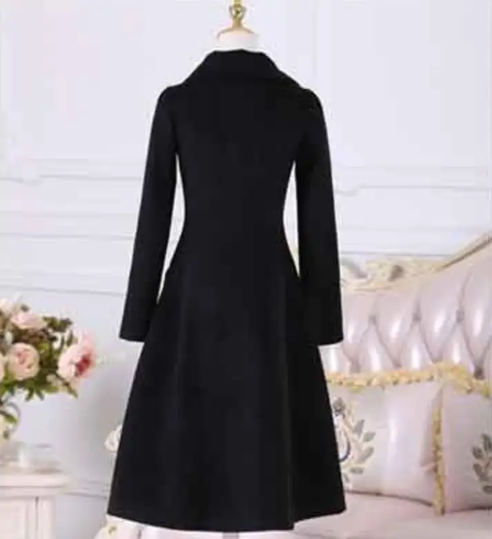 Осенне-зимнее черное шерстяное пальто женское двубортное тонкое шерстяное пальто с лацканами