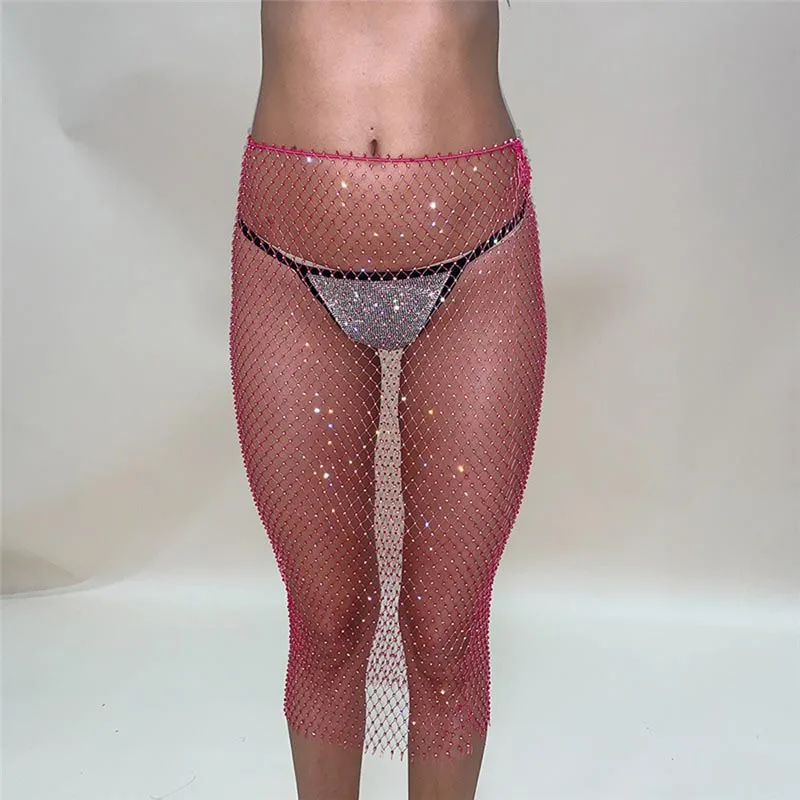 Shiny Rhinestone Fishnet Plaid Hollow Out Long Skirt See Through Drawstring Skirt Women Sexy Clubwear Beach Cover Up Chic Skirts