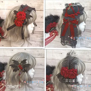 

Handmade Dark Girl Gothic Retro Rose Hairpin Headwear Halloween Lolita Cosplay Lace Bow KC Top Hat Hair Clip Hair Accessories