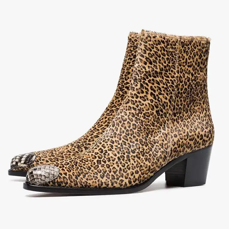 

Topwomen Women Adult Boots Leopard Solid Flock Ankle Zippers Pointed Toe Med Square heel Mature Concise Novelty Fashion 2019