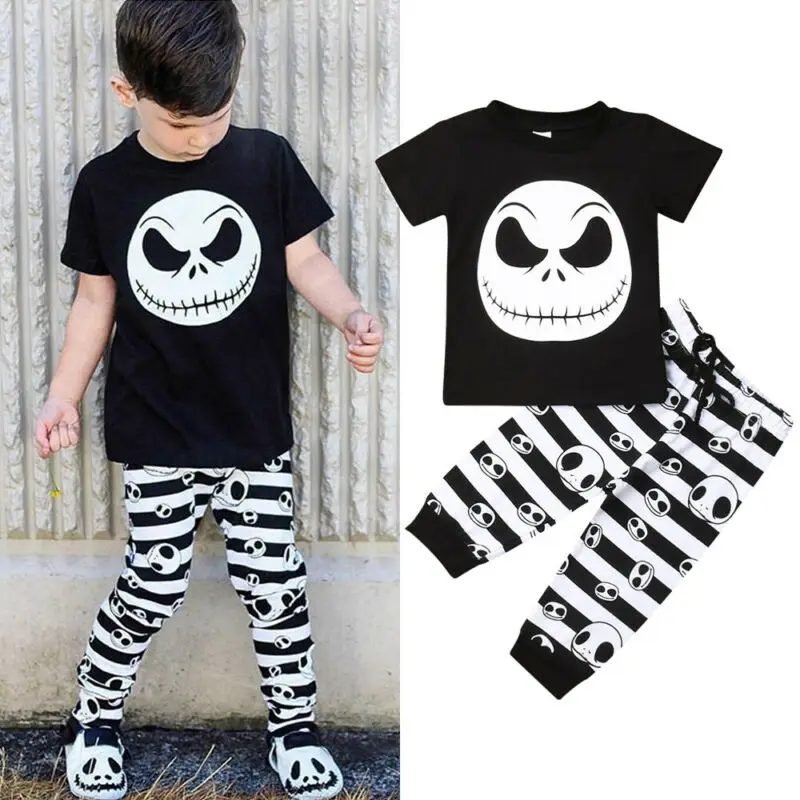 2019 Cotton Halloween Newborn Kids Baby Boy Skull Tops Short Sleeve T-Shirt Striped Long Pants Outfit Set Clothes Costume 2Pcs