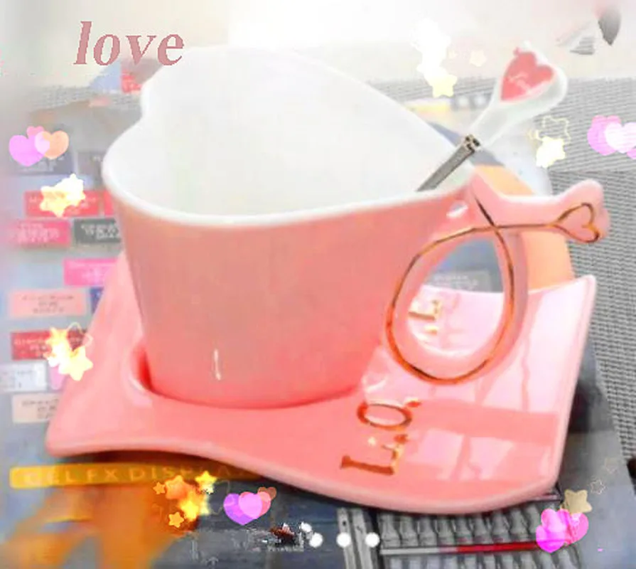 Cup Bone China Ceramic heart cup creative couple set coffee with spoon gift pink white | Дом и сад