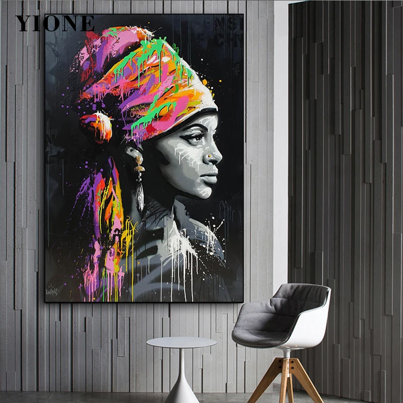 Abstract Black Colorful Graffiti African Woman Canvas Posters and Prints Custom Art Figure Picture Wall Painting for Living Room