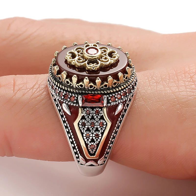 Retro Silver Color Turkish Handmade Crown Men Rings Vintage Carved Eagle Pattern Red Zircon Stone Rings 2021 Punk Muslim Jewelry