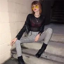 Женские повседневные клетчатые брюки на молнии длиной до щиколотки, женские Стрейчевые узкие брюки-карандаш с высокой талией