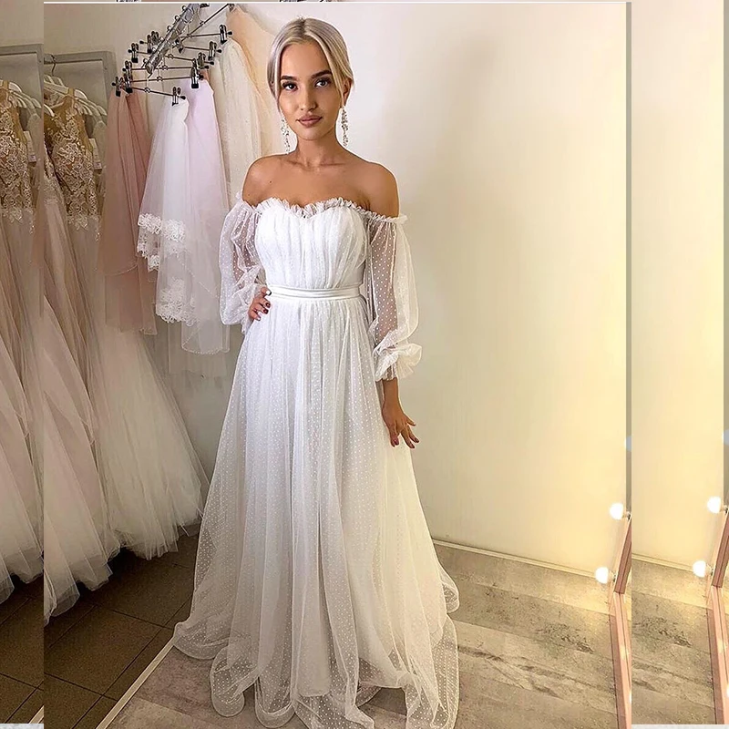 LSYX Off Shoulder Wedding Dress Lantern Long Sleeve Point Net Tulle White Cheap Bridal Gowns  A-Line Floor Length  Women Elegant off shoulder sweetheart white wedding dress applique long sleeve tulle a line evening dresses white prom dress elegant gowns