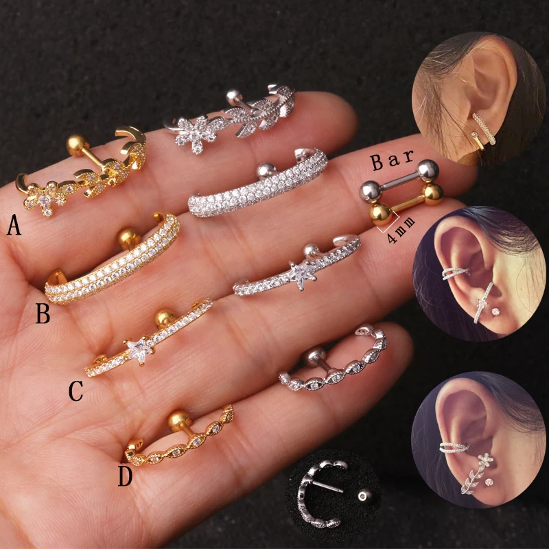 Sellsets, 1 шт., золото, серебро, 16 г, 4 мм, с шариками, CZ, каффы для ушей, шпильки, daith, tragus, rook, пирсинг, ювелирные изделия, длинные серьги для женщин