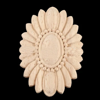 

New 1Pcs 7x5Cm European Style Wooden Applique Wood Carved Decal Oval Solar Gate Flower Craft Wedding Home Decoration