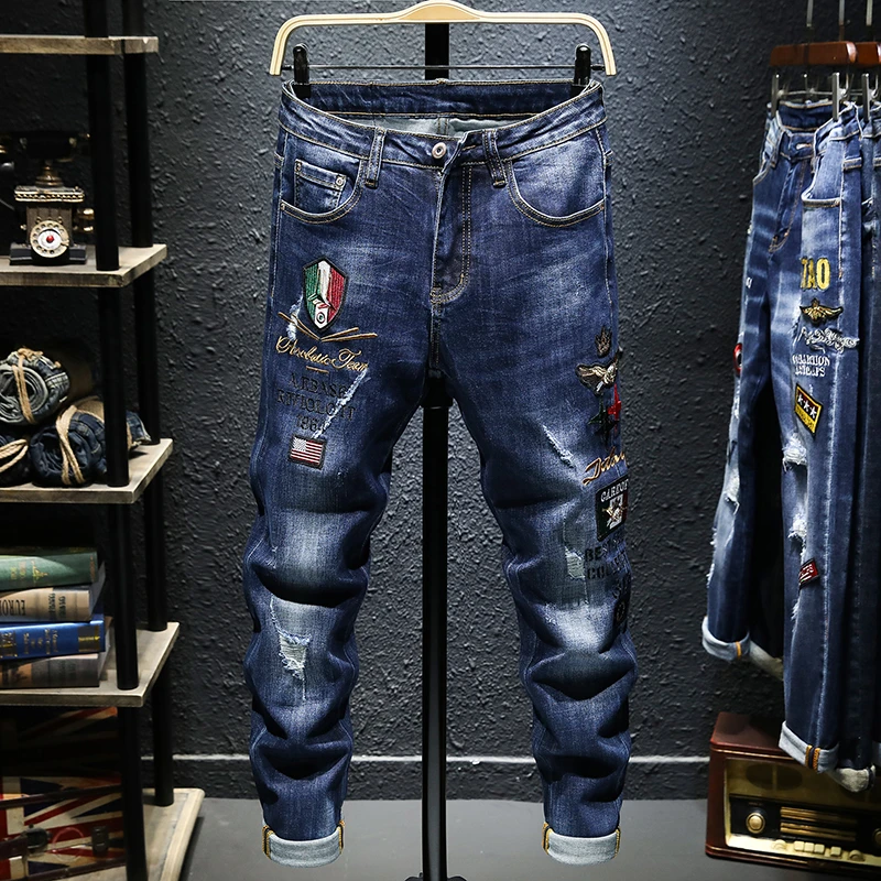 Pantalones vaqueros ajustados de marca europea para hombre, Jeans elásticos con agujeros de retazos, JS1059|Pantalones vaqueros| - AliExpress