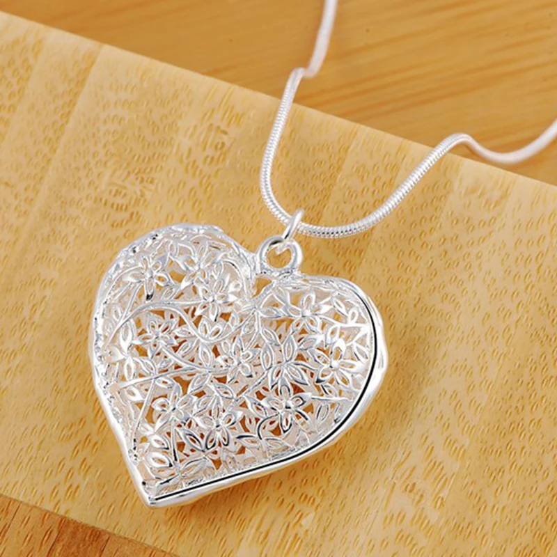 DOTEFFIL 925 Sterling Silver 18-30 Inch Carved Heart Pendant Snake Chain Necklace For Women Fashion Wedding Party Charm Jewelry