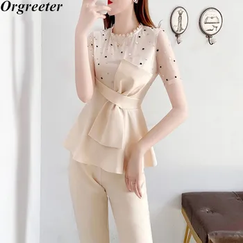 

Elegant Office Lady Dot Embroidery 2 Piece Set Women Mesh Patchwork Ruched Lace Trim Blouse Tops +High Waist Pencil Pants Suits