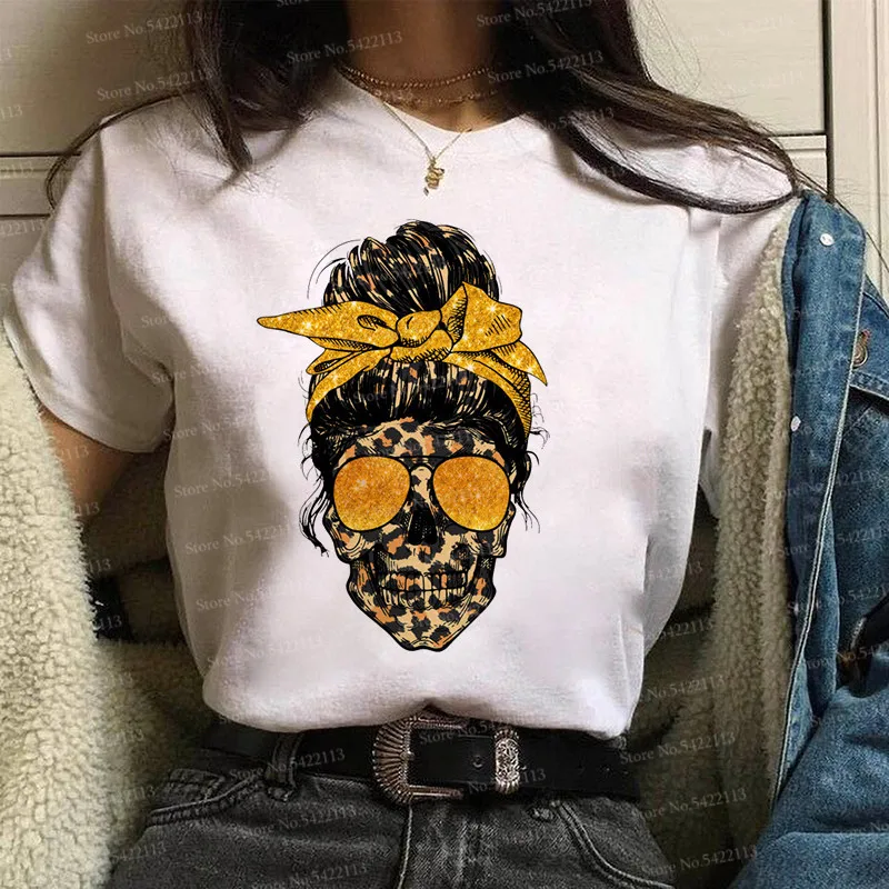 

Fashion Leopard Skull Lady t shirt Halloween Wearing Gold Bandana Glasses T-Shirt Weed Skull graphic t shirts harry Korean Tops