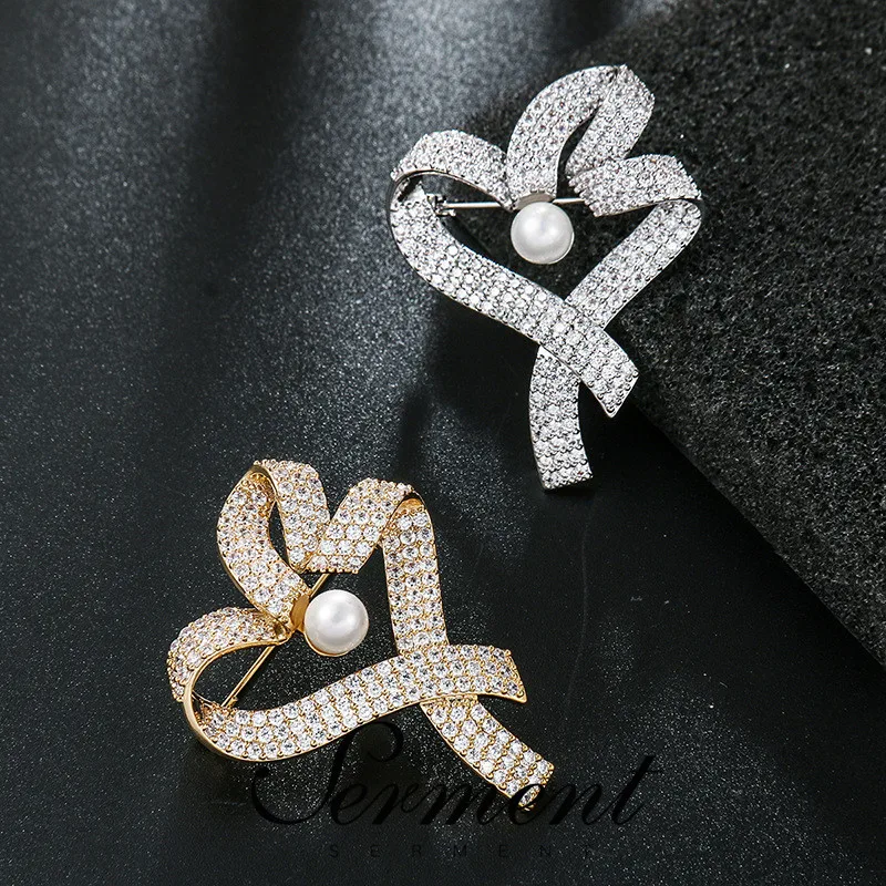 

SERMENT 2020 New Fashion Pearl Brooches Bow-Knot Crystal Corsage Brooch Pins Women Lapel Pins Wedding Party Jewelry Best Gift