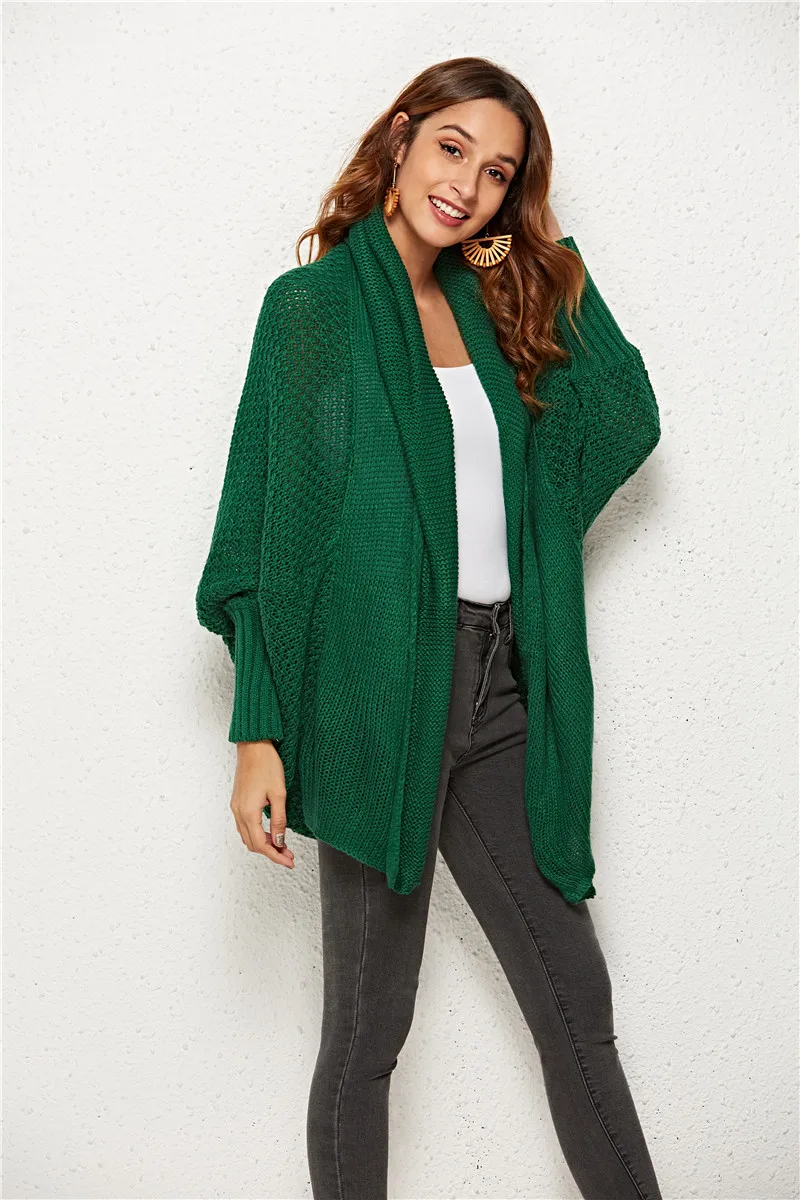 New Fashion Cardigans Women 2019Autumn Winter Warm Knitted Batwing Sleeve Loose Long Knitted Sweater Coat Female Casual Cardigan - Цвет: Зеленый