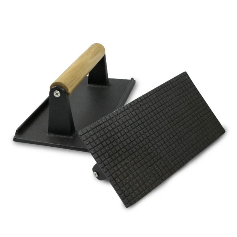 BBQ Tool Cast Iron Wooden Handle Steak Meat Press Grill Barbecue Pressure Plate