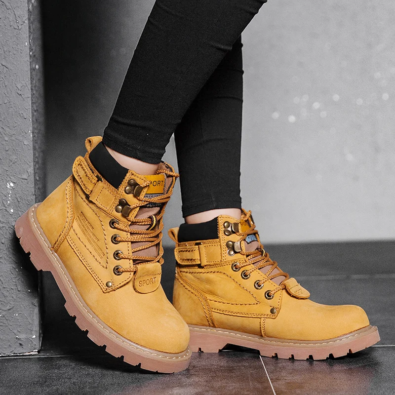 

Women Working Boots Yellow High Quality Winter Boots Work Shoes Genuine Leather Ladies Leather Boots Fashion Shoes Casual Women